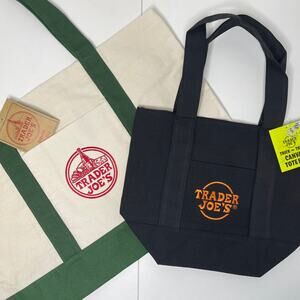 LOT Set of 2 — Trader Joe’s Canvas Tote Bags — Full Size GREEN + Mini BLACK NWT!